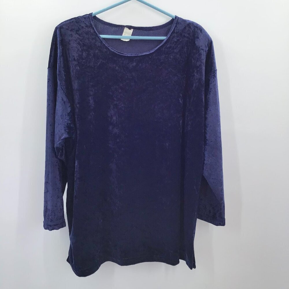 Vintage Women's Top 2X Crushed Blue Velvet Cotton Blend Made in USA Gothic L/S